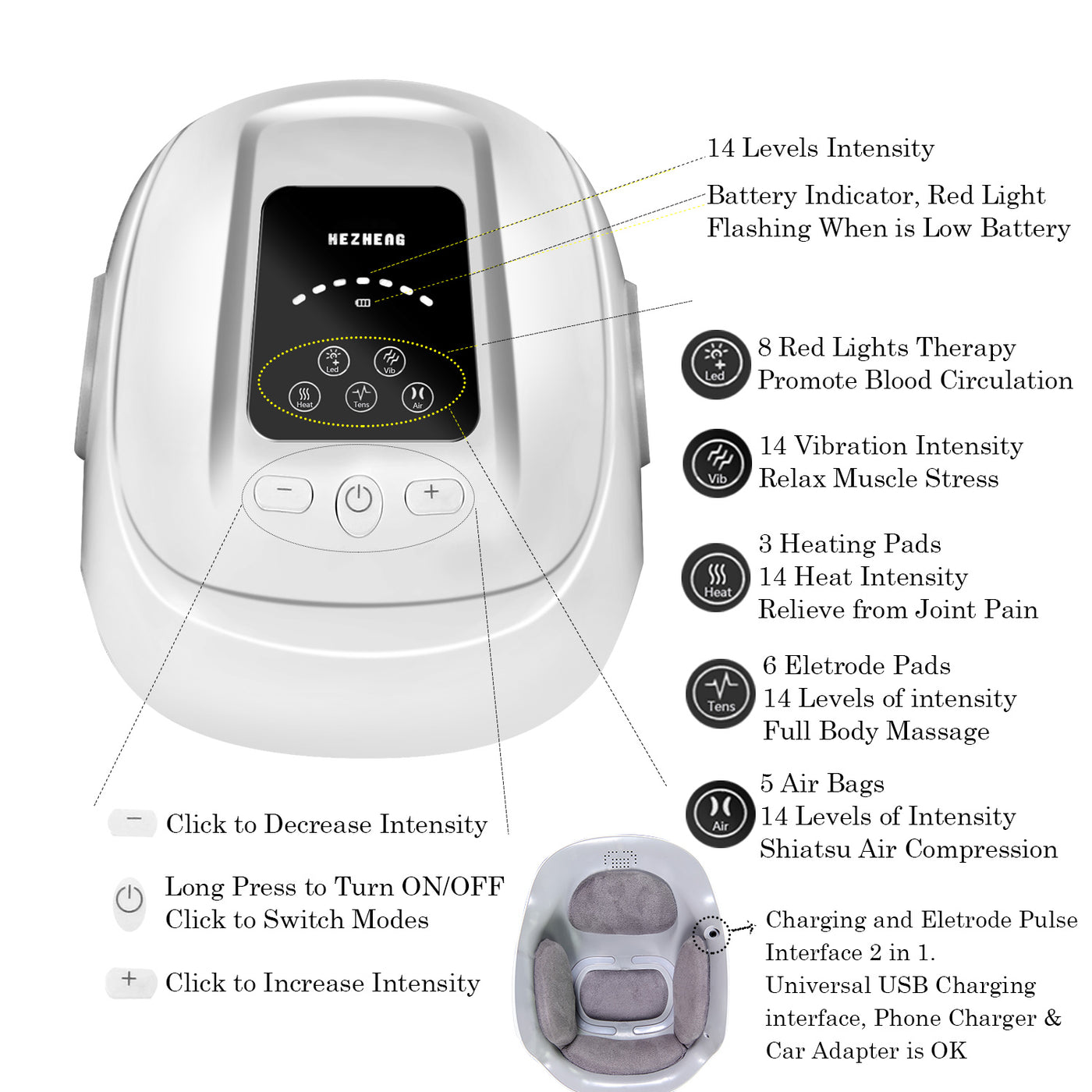 Beheiztes Kniemassagegerät mit TENS EMS-Pads, Kompressions-Kniemassagegerät, Airbag-Kneten und Vibrationsmassage bei Knieschmerzen, Steifheit und Schmerzen HZ-KNEE-2