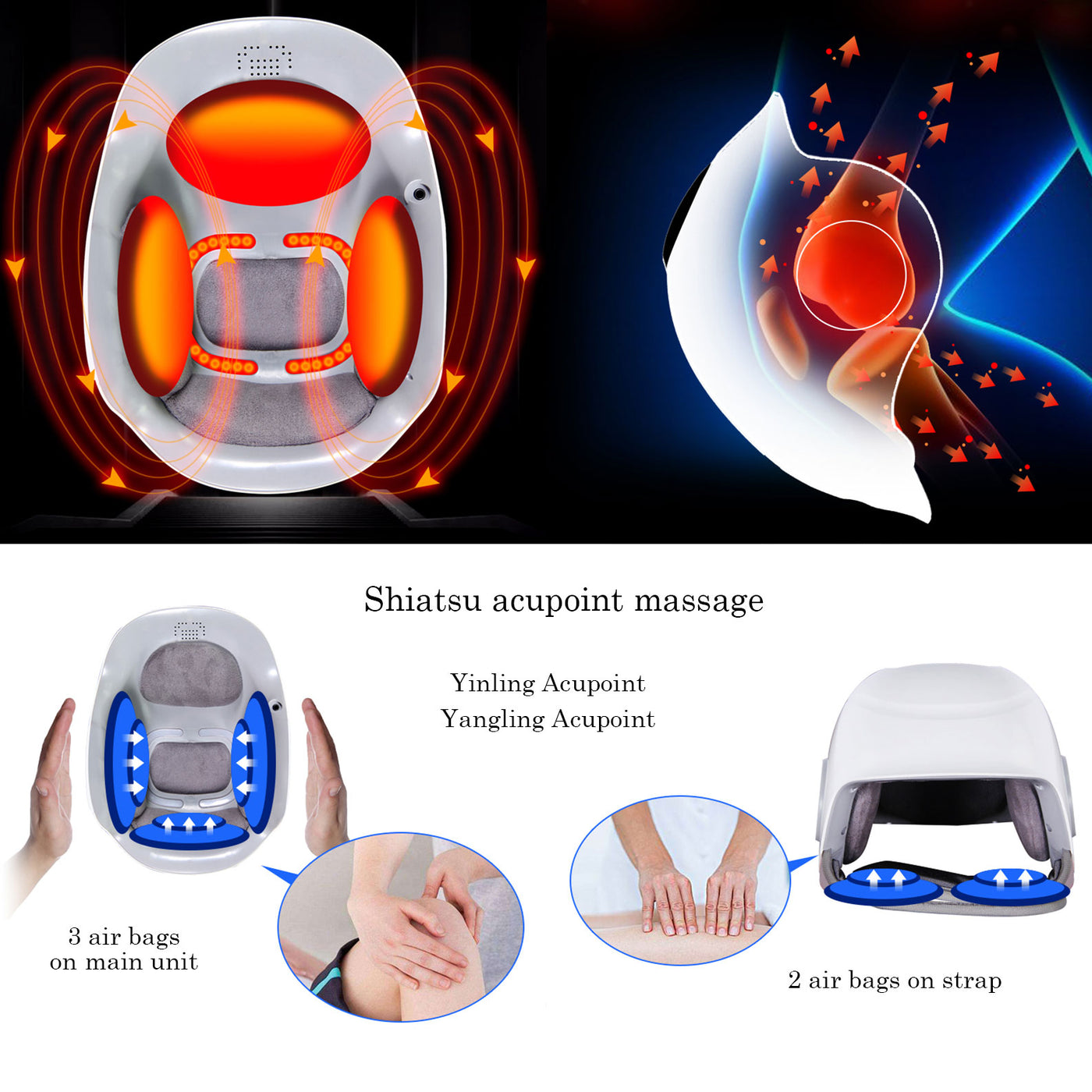 Heated knee massager with TENS EMS pads, compression knee massager air bag kneading and vibration massage for knee pain, stiffness and soreness HZ-KNEE-2