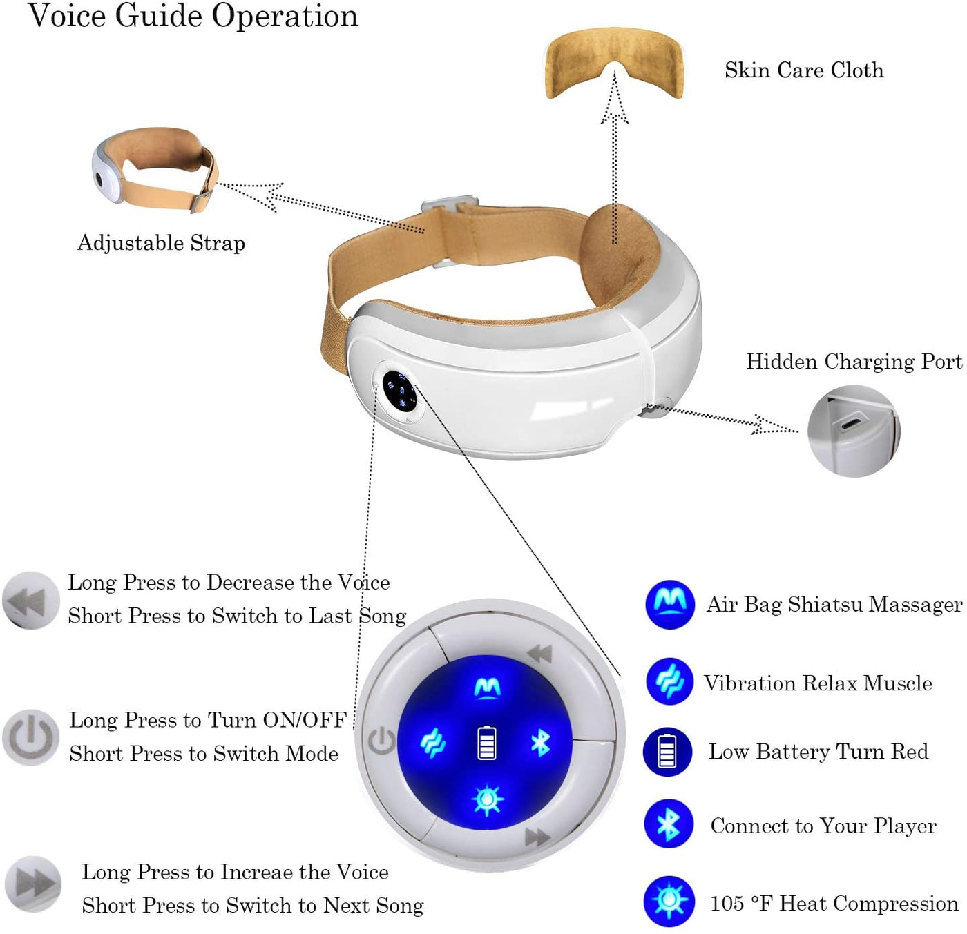 HEZHENG Electric Portable Eye Massager with Heat for Dry Eyestrain Fatigue Relief, Air Compression Shiatsu Massage for Dark Circles, Vibration and Music for Relieve Eye Stress (Larger Size)  HZ-QNA-1