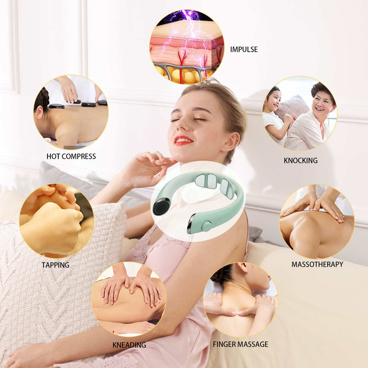 HEZHENG Nackenmassagegerät mit 4 Massagepads zur Linderung von Nackenverspannungen EMS&amp;TENS HZ-M2